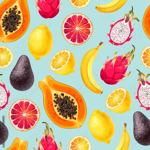 Seamless vector pattern with sliced exotic fruits