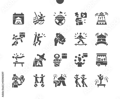 World Circus Day 11 April. Calendar. Circus tickets. Acrobat and juggler. Tightrope walker. Eleventh of may. Holiday. Performance, show, gymnast and carnival. Vector Solid Icons. Simple Pictogram