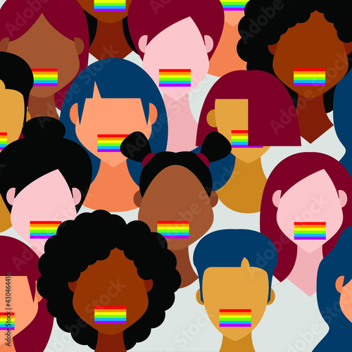 Vector graphics-rows of a group of diverse women with their mouths taped with rainbow tape. Concept Protest against discrimination of the LGBT community