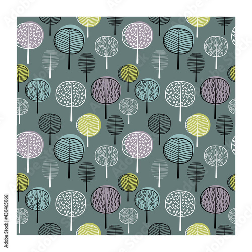 Seamless pattern with autumn, spring forest. Vector background for various surface. Trendy hand drawn textures.