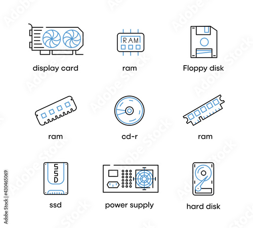 Video card, power supply, ram, ssd and disk icon set. This icon is a set of symbols for computer parts. Colorful computer board icon. Editable Stroke. Logo, web and app.