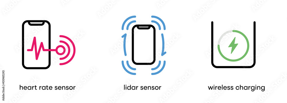 Phone sensors icon set. Heart rate, wireless charging and lidar sensor. This icon is the icon set of smart devices. Color sensor icon set. Editable Stroke. Logo, web and app. Phone sensors icon set. Heart rate, wireless charging and lidar sensor. This icon is the icon set of smart devices. Color sensor icon set. Editable Stroke. Logo, web and app.