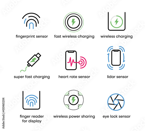 Phone sensors and fast charging and wireless charging icon set. This icon is the icon set of smart devices. Colorful charging and sensor icon set. Editable Stroke. Logo, web and app.