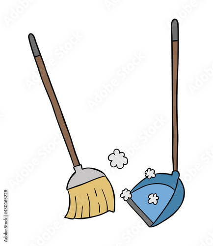 Cartoon vector illustration of broom and dustpan, sweep the floor.