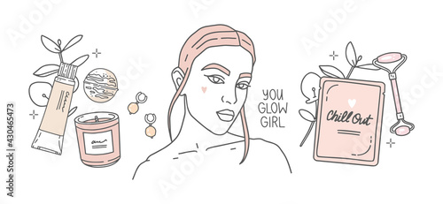 Set of vector illustrations, fashion sketch, outline drawing. Cream, scented candle, bath bomb, plant branch. Girl portrait and you glow girl lettering, face mask  with inscription chill out, massager