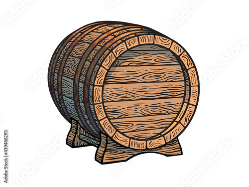 Old wooden barrel on the stand. Hand drawn vector illustrations isolated on white background.