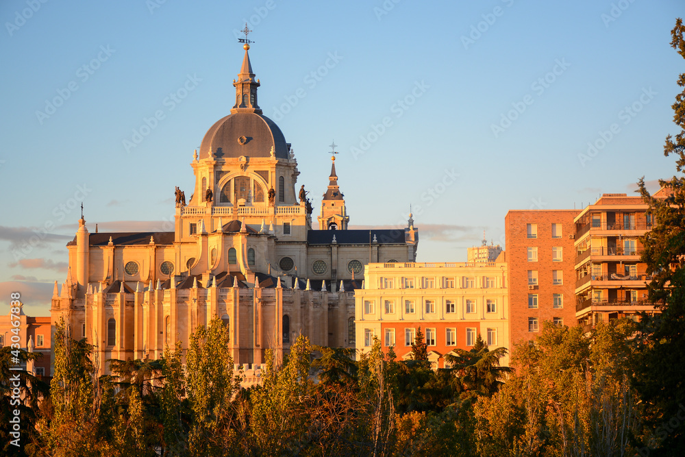 Madrid, Spain - October 25, 2020: View of Almudena Cathedral at sunset