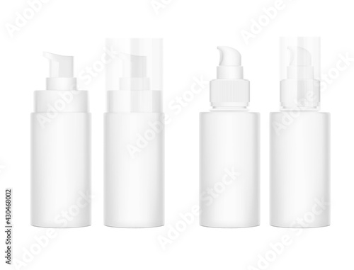 White realistic glossy cosmetic bottle isolated on white background. Can be used for cosmetic, medical, gels, creams, shampoo and pastes. Face, side and back view. Vector illustration. EPS10.