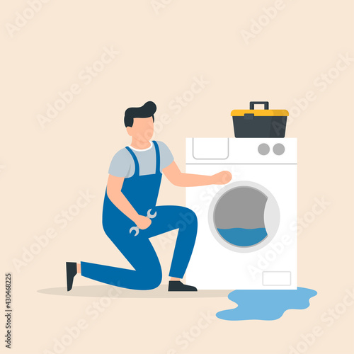 Appliance repair expert, repairs the washing machine. Vector illustration.