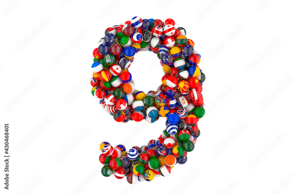 Number 9 from flags of different countries, 3D rendering Number 9 from flags of different countries, 3D rendering