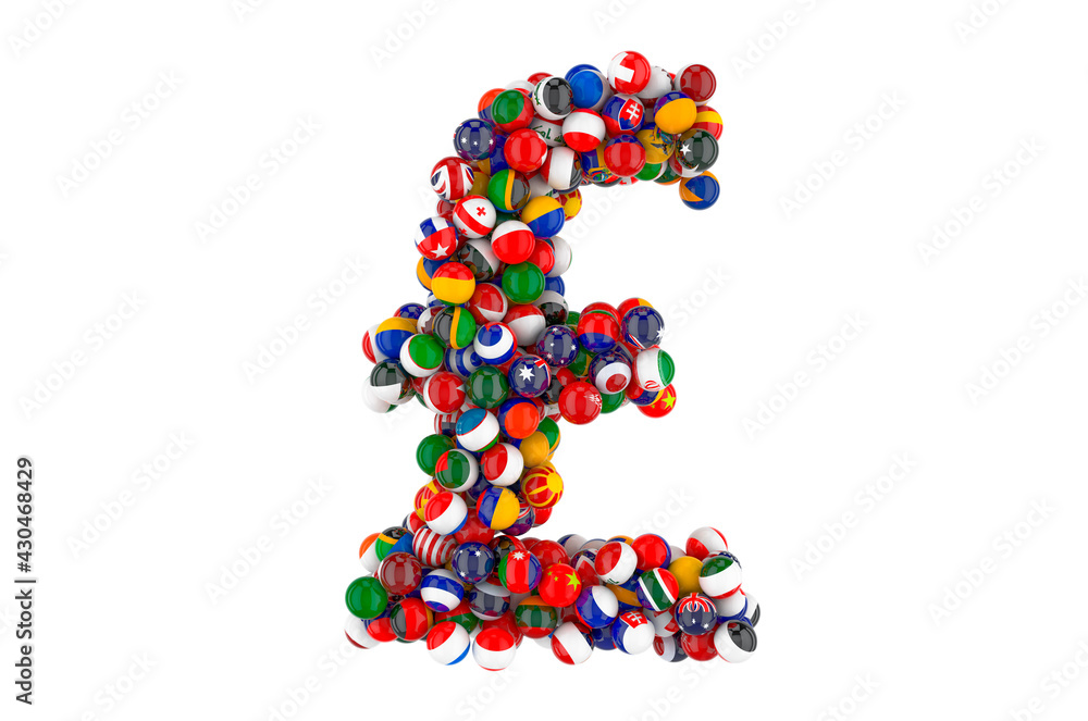 Pound sterling symbol from flags of different countries, 3D rendering Pound sterling symbol from flags of different countries, 3D rendering
