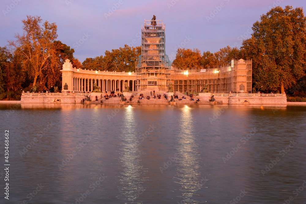 Madrid, Spain - October 25, 2020:  Big lake in El Retiro Park