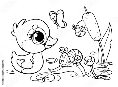The duckling swims in the pond to the reeds and the snail. Coloring book for children. Cute baby chick. Educational task for a preschooler. Vector illustration in cartoon style. Isolated clipart fun
