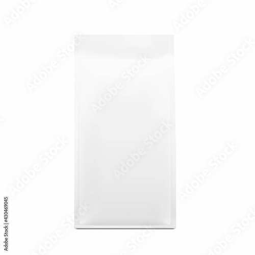 Quad seal bag with vertical gussets. Frontal view. High realistic detail. Ready for your design. Suite for the presentation of coffee, food, for pets, household, etc. EPS10.
