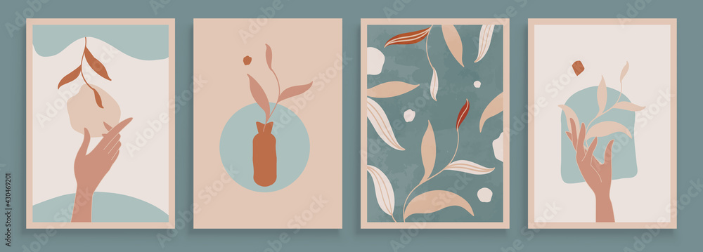 Teal and Peach Abstract Botanical Art with Woman Hands. Set of soft color painting wall art for house decoration. Minimalistic canvas background design. Vector wall art plants in boho style.
