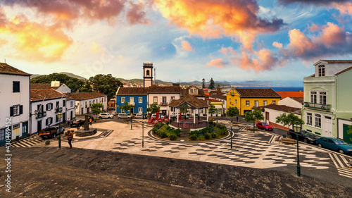 Panoramic cityscape view to Municipality and central square Of Ribeira Grande, Sao Miguel, Azores, Portugal. Central square of Ribeira Grande, Sao Miguel, Azores, Portugal. photo