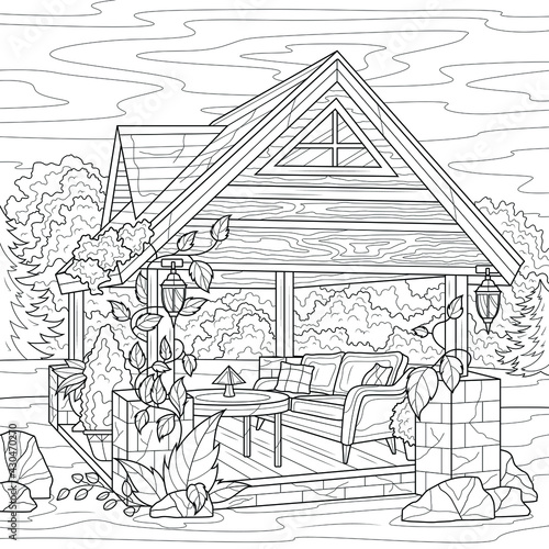 Gazebo in the garden.Coloring book antistress for children and adults. Illustration isolated on white background.Zen-tangle style. Hand draw