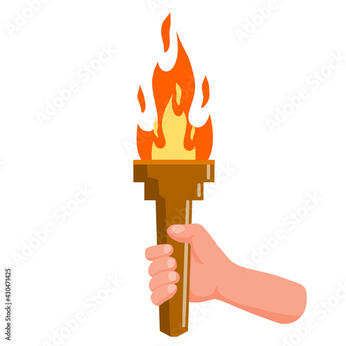 Hand holding torch. Symbol of Olympic Flame and sports.