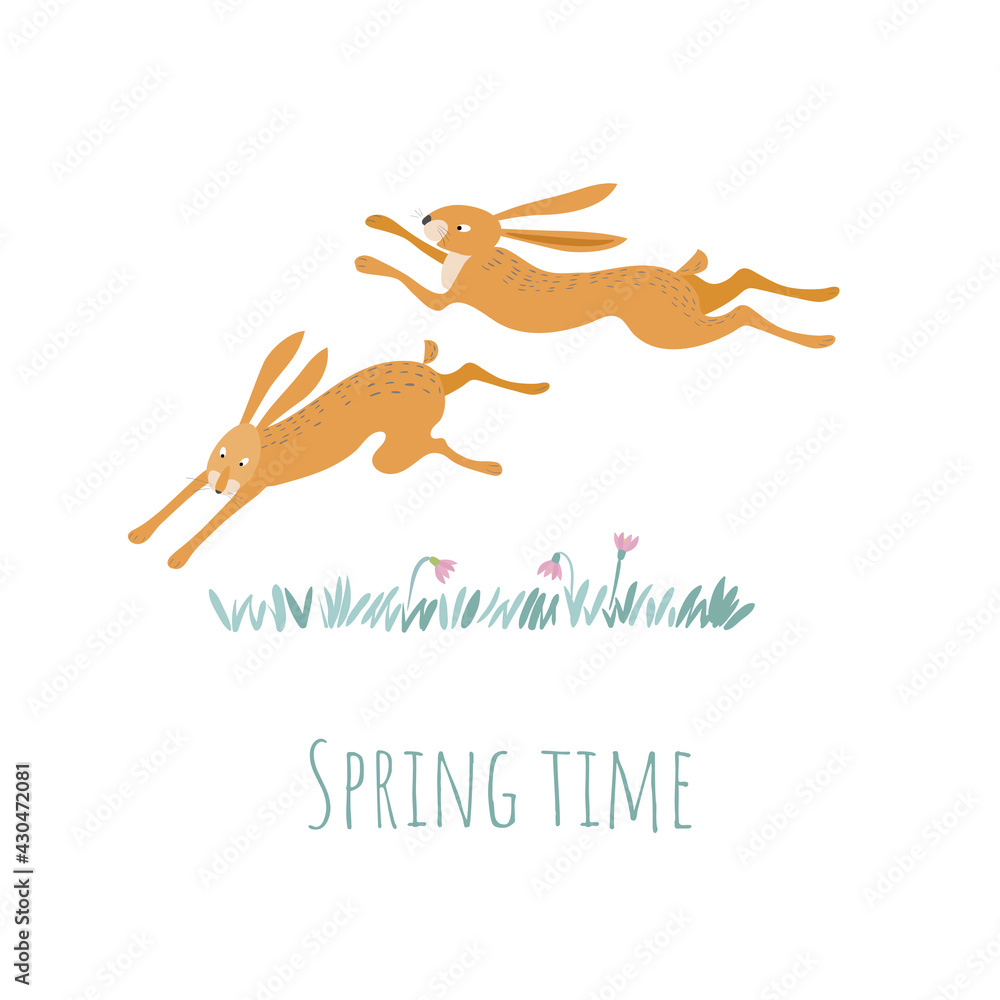 Two red hares are running through the fields. Fun rabbits. Spring time. Two red hares are running through the fields. Fun rabbits. Spring time.
