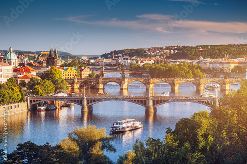 Prague Scenic spring sunset aerial view of the Old Town pier architecture and Charles Bridge over Vltava river in Prague, Czech Republic