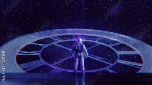  Mensch  Kosmos  Zeit   Ewigkeit    Raumzeit Konzept  Astronaut blickt auf kosmische Uhr vor Sternenhimmel   3D Render Illustration 8K