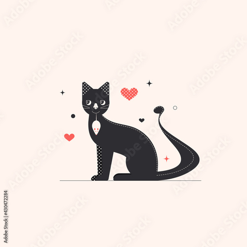 A black cat has caught a white mouse and holds it in its teeth by the tail. Vector illustration for banner, sticker, greeting card, animal products. Flat design..