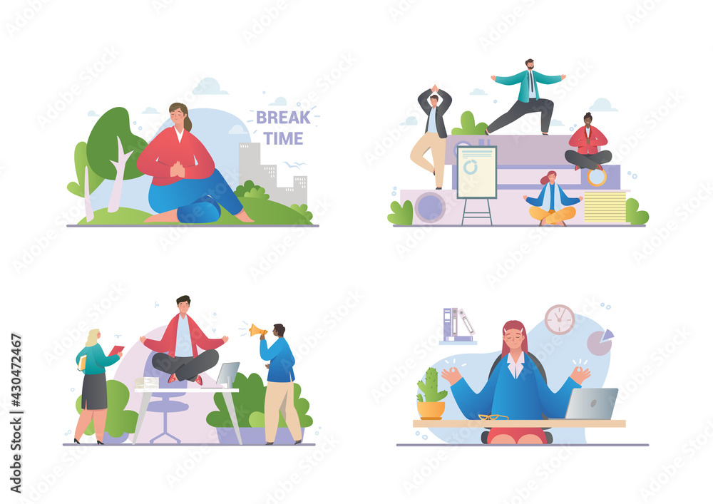 Set of scenes with meditating office workers