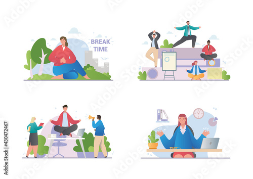 Set of scenes with meditating office workers