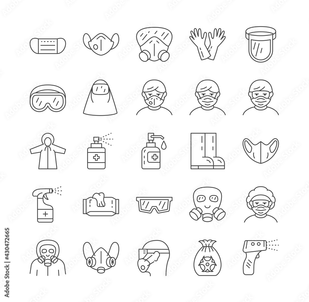Covid 19 protection equipments line icon set Covid 19 protection equipments line icon set