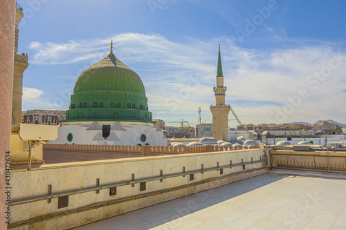 The Green Dome is a  built above the tomb of the Islamic prophet Muhammad and early Muslim Caliphs photo