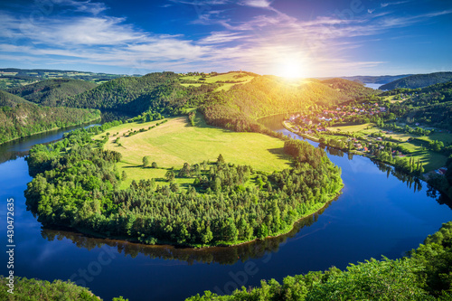 View of Vltava river horseshoe shape meander from Solenice viewpoint, Czech Republic