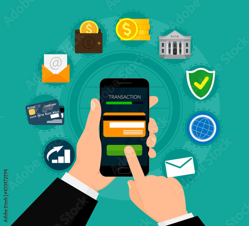 Money transaction, business, mobile banking and mobile payment. E-commerce concept. Vector illustration. Flat design. EPS10.