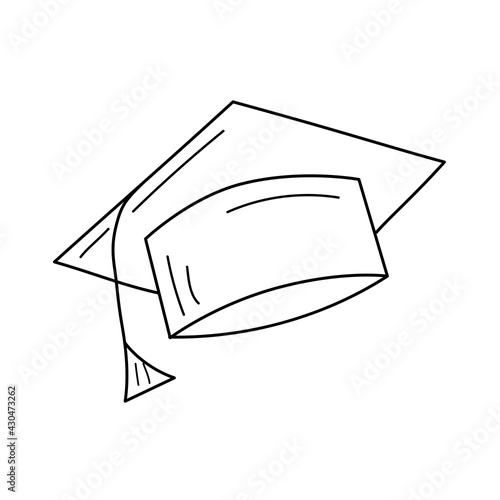 A graduate hat in a line style. Vector illustration with Graduation cap icon. Black hand drawn clipart on a white background