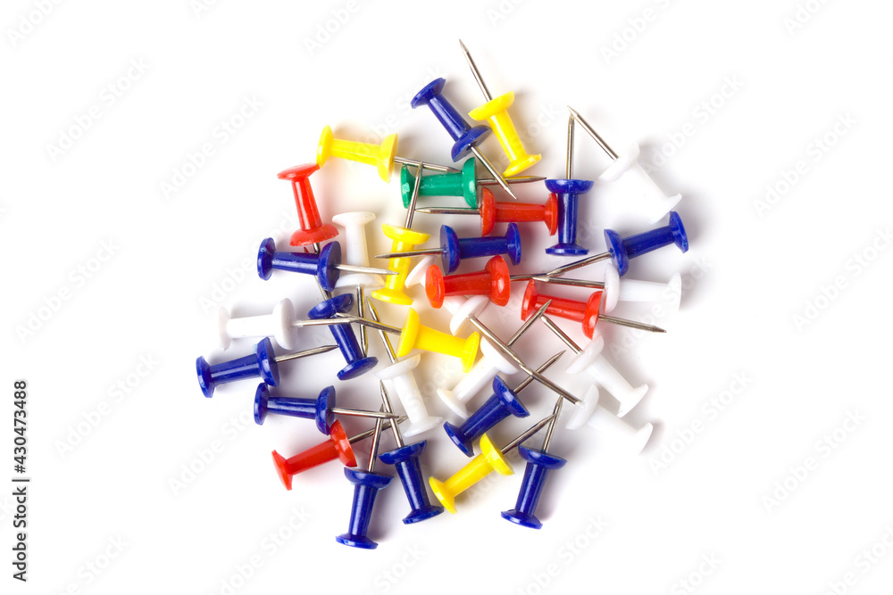 Push pins isolated on white background. Colourful push-pin thumbtack tools office on white background. 