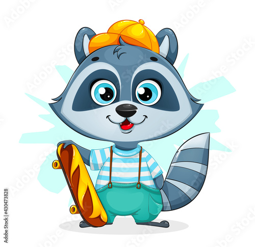 Cute cartoon raccoon standing with skateboard