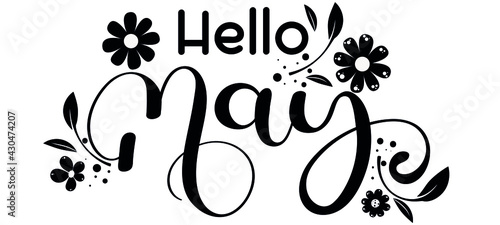 MAY month vector with flowers and leaves. Decoration text floral. Hand drawn lettering. Illustration May calendar	
