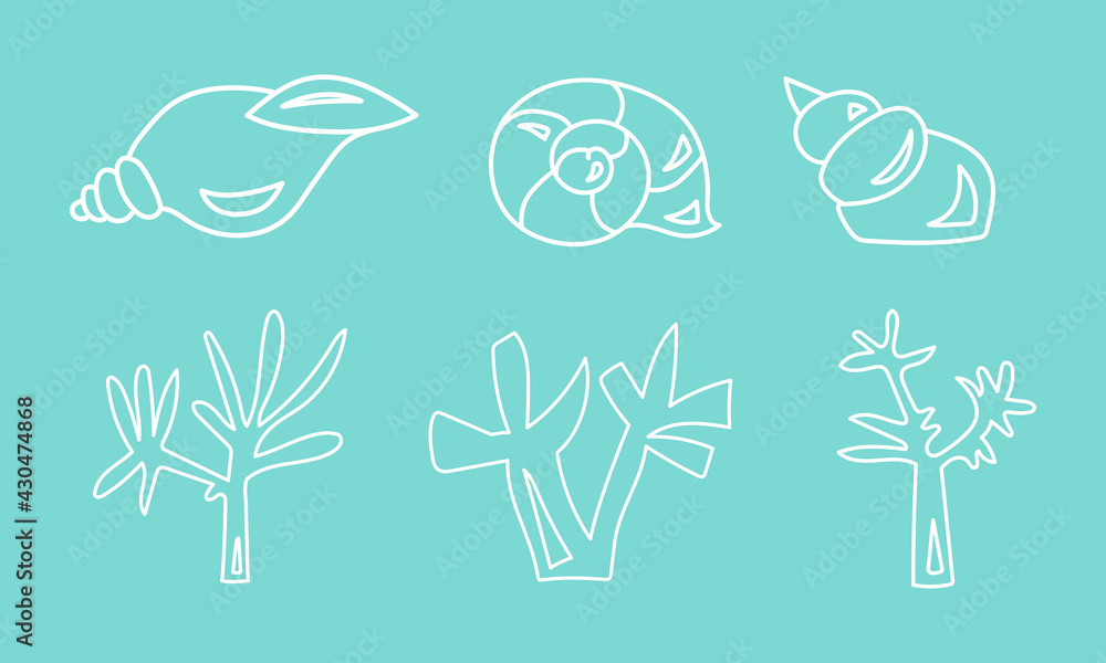 Vector illustration of seashells and seaweed on a blue background. Icons set can be used for printing, packaging, textiles