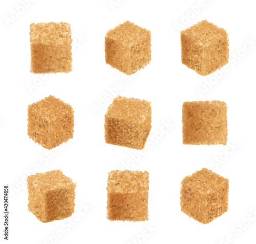 Raw Brown Cane Sugar Cubes Isolated on White Background