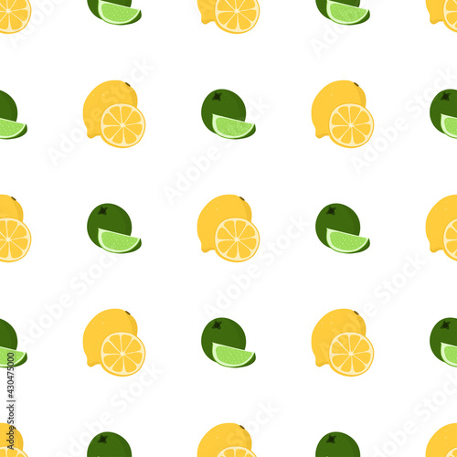 Hand drawn seamless pattern with green lime, yellow lemon slice and whole fruit for wallpaper design. Vector isolated illustration.