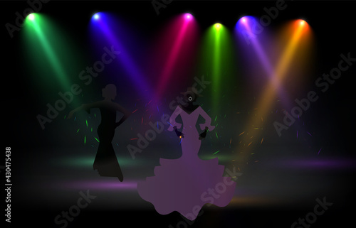 Silhouette Woman Group Dancing Night Club Light Flat Vector Illustration
