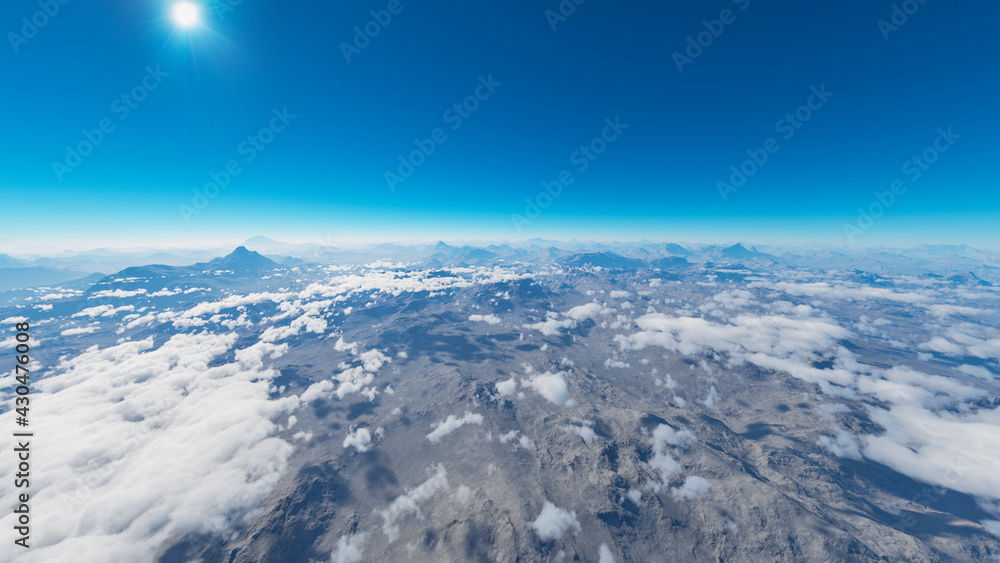Aerial view of a mountain range in the clouds. Clouds that envelop a panorama of mountains and sun rays that cross them. Satellite view atmosphere. 3d render Aerial view of a mountain range in the clouds. Clouds that envelop a panorama of mountains and sun rays that cross them. Satellite view atmosphere. 3d render