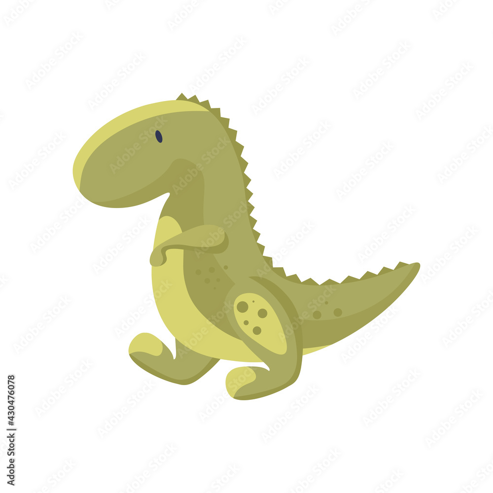 Fototapeta premium Cute baby dinosaur vector flat illustration isolated on white background. Green dino, prehistoric tyrannosaurus for baby toys design. Ancient wild animal monster icon or symbol concept.