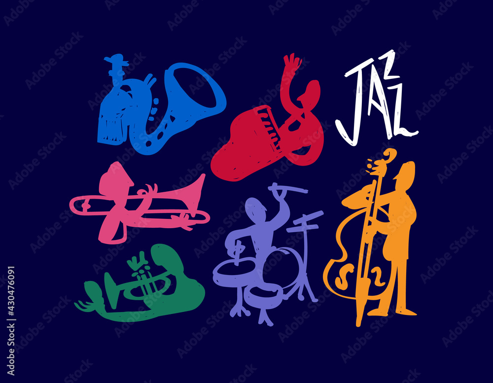 Jazz music band player hand drawn doodle set