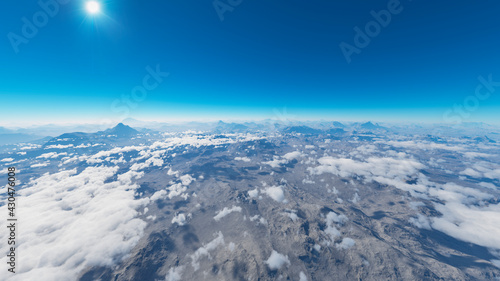 Aerial view of a mountain range in the clouds. Clouds that envelop a panorama of mountains and sun rays that cross them. Satellite view atmosphere. 3d render