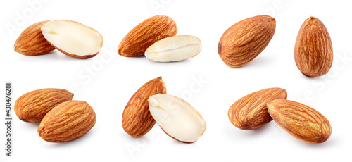 Almond isolated. Almonds on white background. Almond set. Whole, cut, half, slice almond.. Full depth of field. photo