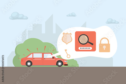 Riding car with security information vector flat illustration. Car alarm system with different access levels, keys, password, and fingerprint scanner. Automobile running outdoor down the city street.