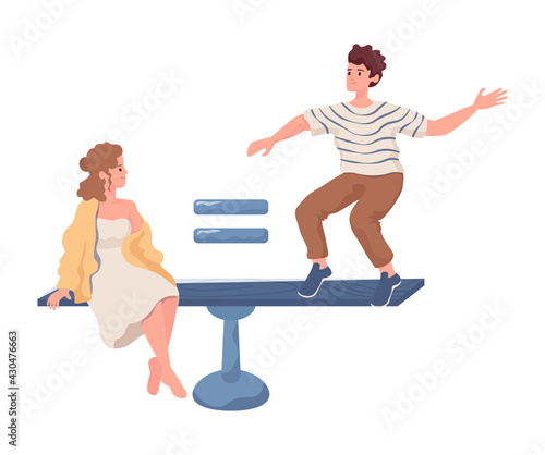 Woman sit and man stand on scales vector flat illustration isolated on white background. Gender equality, equal rights for everyone in work and business, man versus woman, battle of sexes concept.