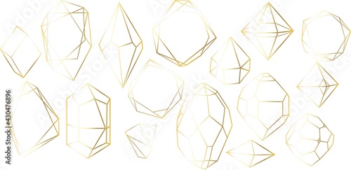 Vector set of golden luxury crystal diamonds shapes.Border Collection for Card.Geometric Premium Glitter Background, Polygon mosaic shape amethyst gem quartz stone line art style