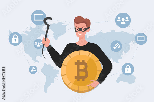 Thief in mask holding stolen bitcoin vector flat illustration on background of world map. Cyber crime, financial robbery, hacker attack concept. Robber steal personal data, login, and password.