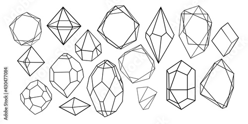 Vector set of golden luxury crystal diamonds shapes.Border Collection for Card.Geometric Premium Glitter Background, Polygon mosaic shape amethyst gem quartz stone line art style